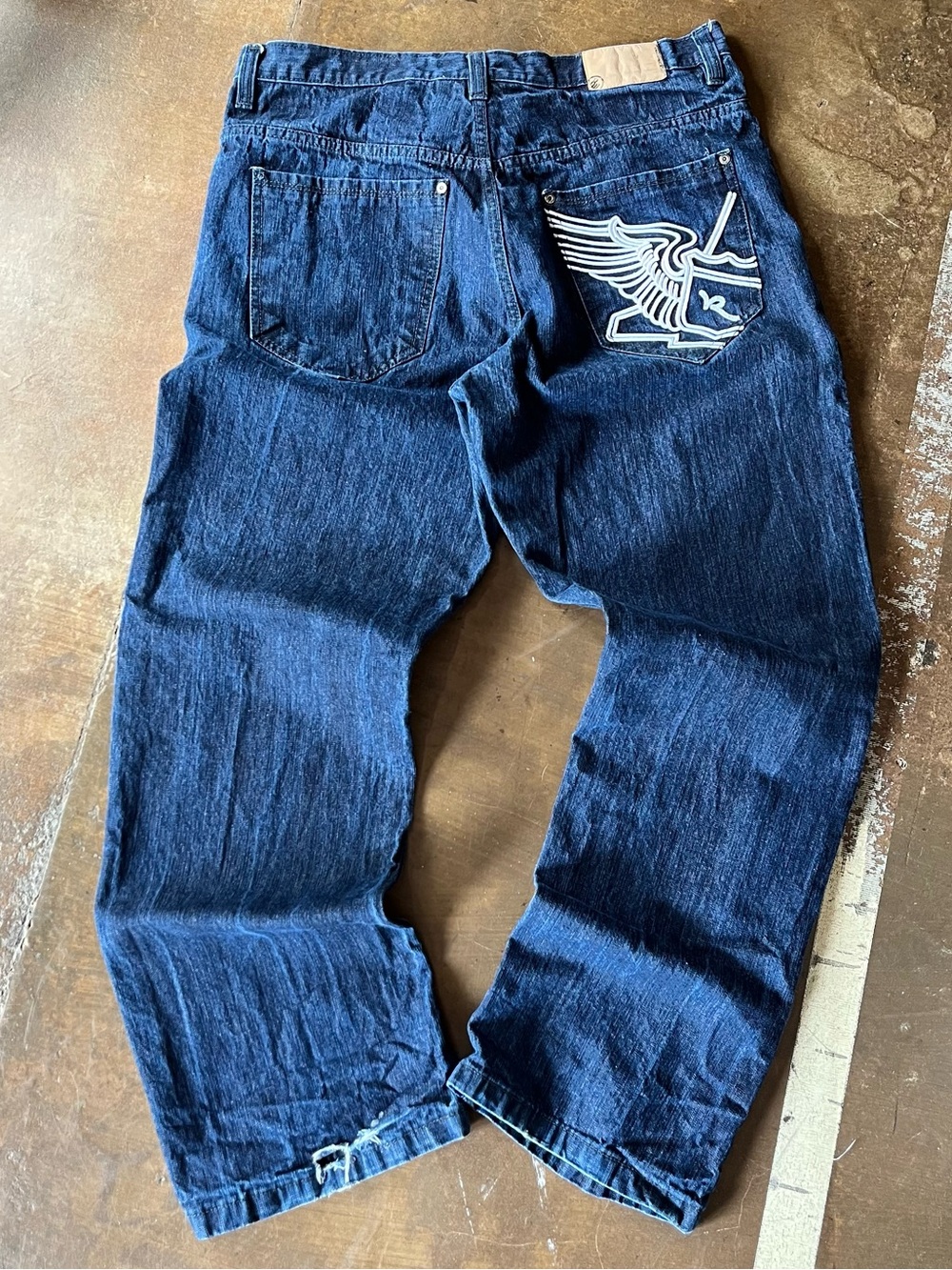 Vintage Y2K Rocawear Baggy Dark Wash Angel Wing Embroidered Straight Jeans 38
